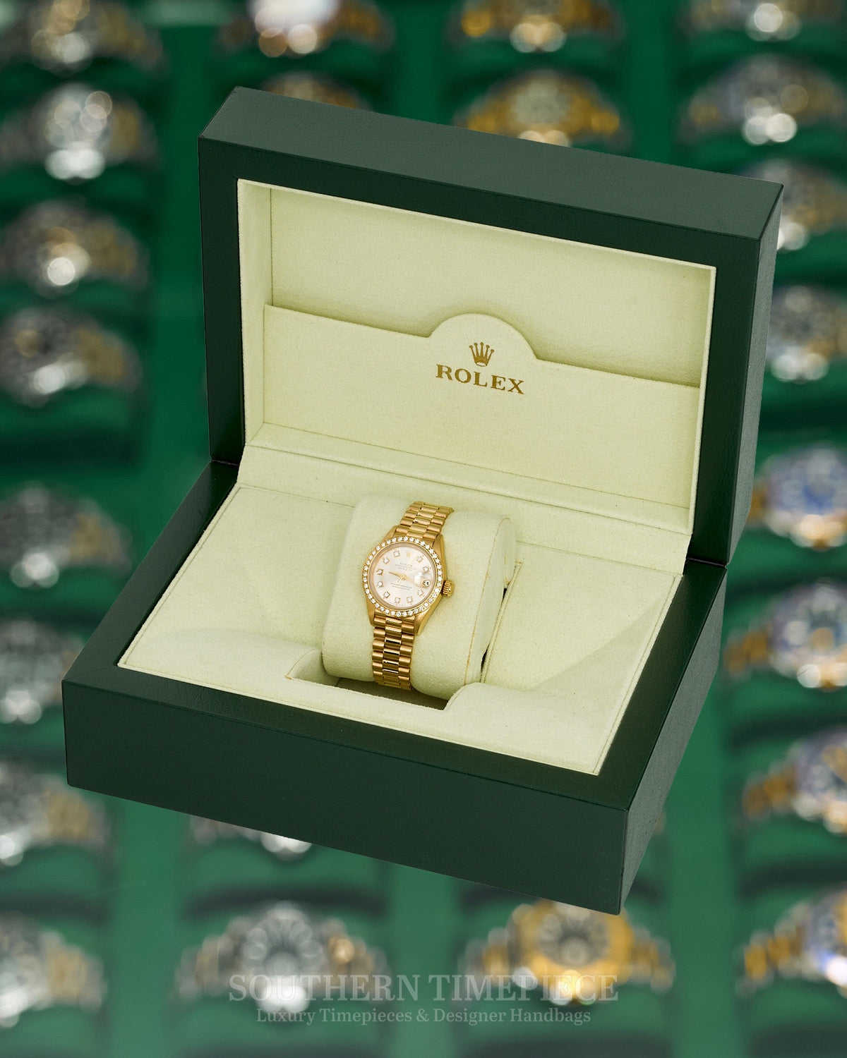26mm Rolex Datejust "President" with Factory Red Vignette Diamond Dial and Diamond Bezel in Solid 18kt Yellow Gold (Ref: 69258)(Year: 1988)