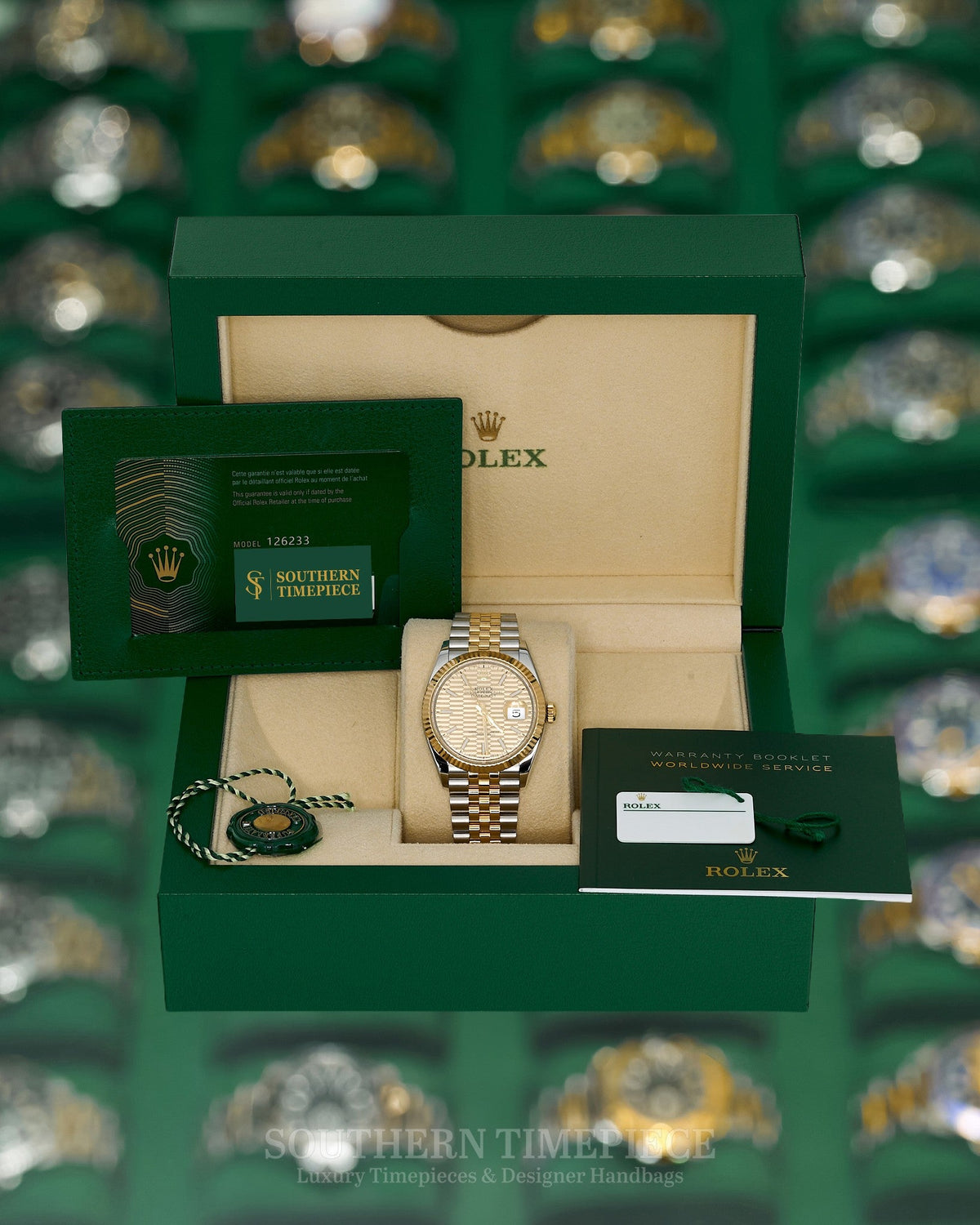 36mm Rolex Datejust with Champagne Motif Fluted Dial in 18kt Yellow Gold and Steel on Jubilee (Ref: 126233)(Year: 2021)(Box & Papers)