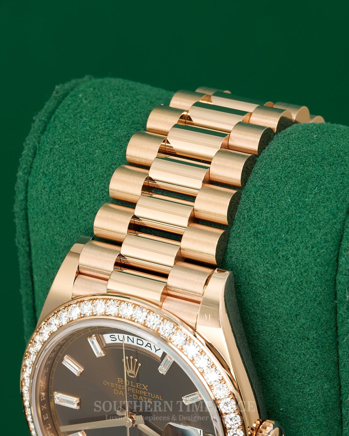 40mm Rolex Day-Date "President" with Factory Baguette Chocolate Dial and Diamond Bezel in 18kt Rose Gold (Ref: 228345RBR)(Year: 2023)(Box & Papers)