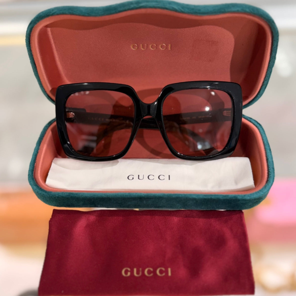 Gucci Oversized Sunglasses - Black Acetate Frame & Pink Lenses