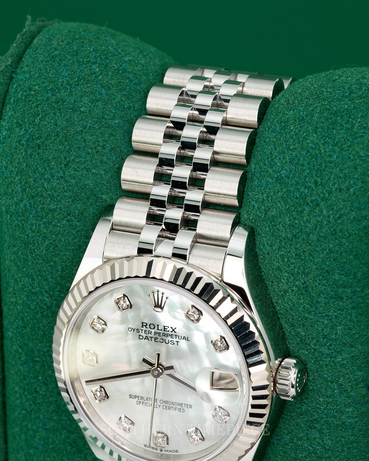 31mm Rolex Datejust with Factory Mother of Pearl Diamond Dial in 18kt White Gold and Oystersteel on Jubilee (Ref: 278274)(Year: 2024)(Box & Papers)