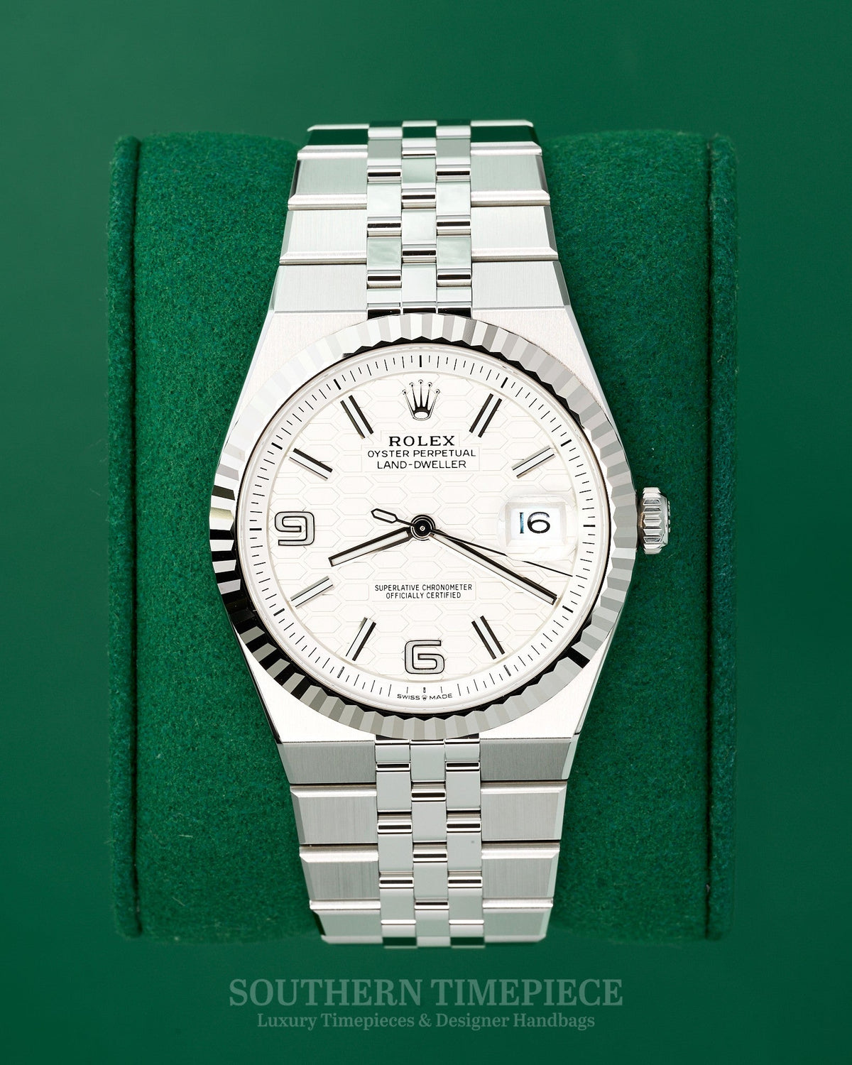 Brand New 2026 40mm Rolex Land-Dweller in Oystersteel and 18kt White Gold with White Honeycomb-Motif Dial (Ref: 127334)(Year: 2026)(Box & Papers)(SKU: S911871)