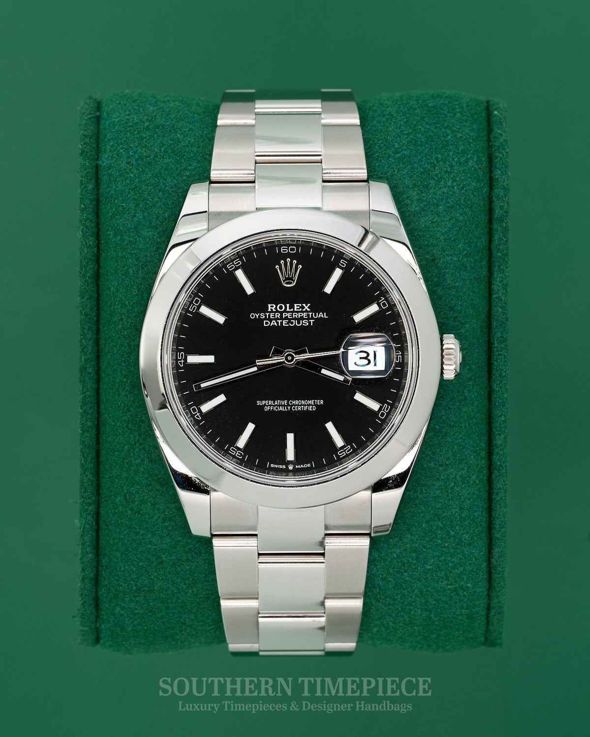 41mm Rolex Datejust with Black Stick Dial in Stainless Steel on Oyster (Ref: 126300)(Year: 2024)(Box & Papers)