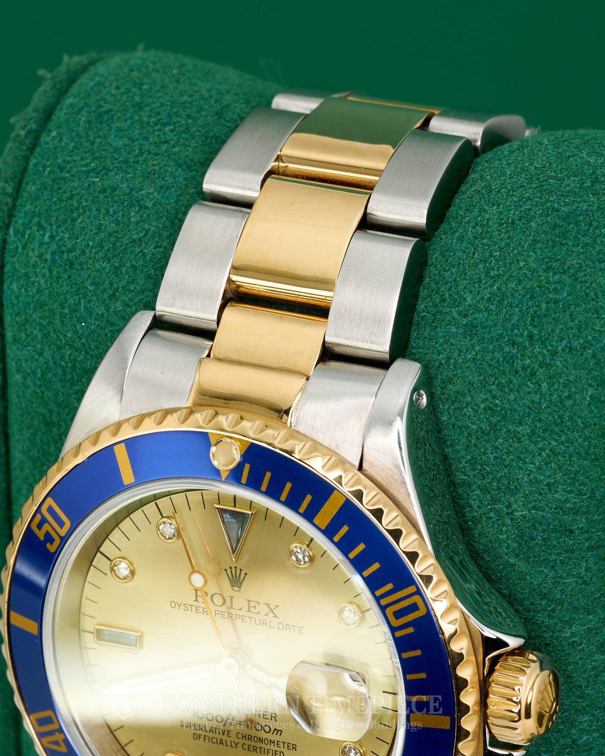 40mm Rolex Submariner Date "Bluesy" with Custom Champagne Serti Dial in 18kt Yellow Gold and Stainless (Ref: 16613)(Year: 1999)