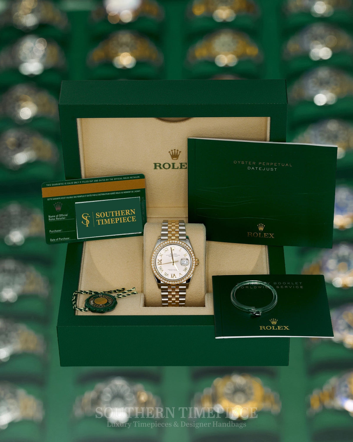 36mm Rolex Datejust with Factory Silver Diamond Dial and Diamond Bezel in 18kt Yellow Gold and Stainless on Jubilee (Ref: 126283RBR)