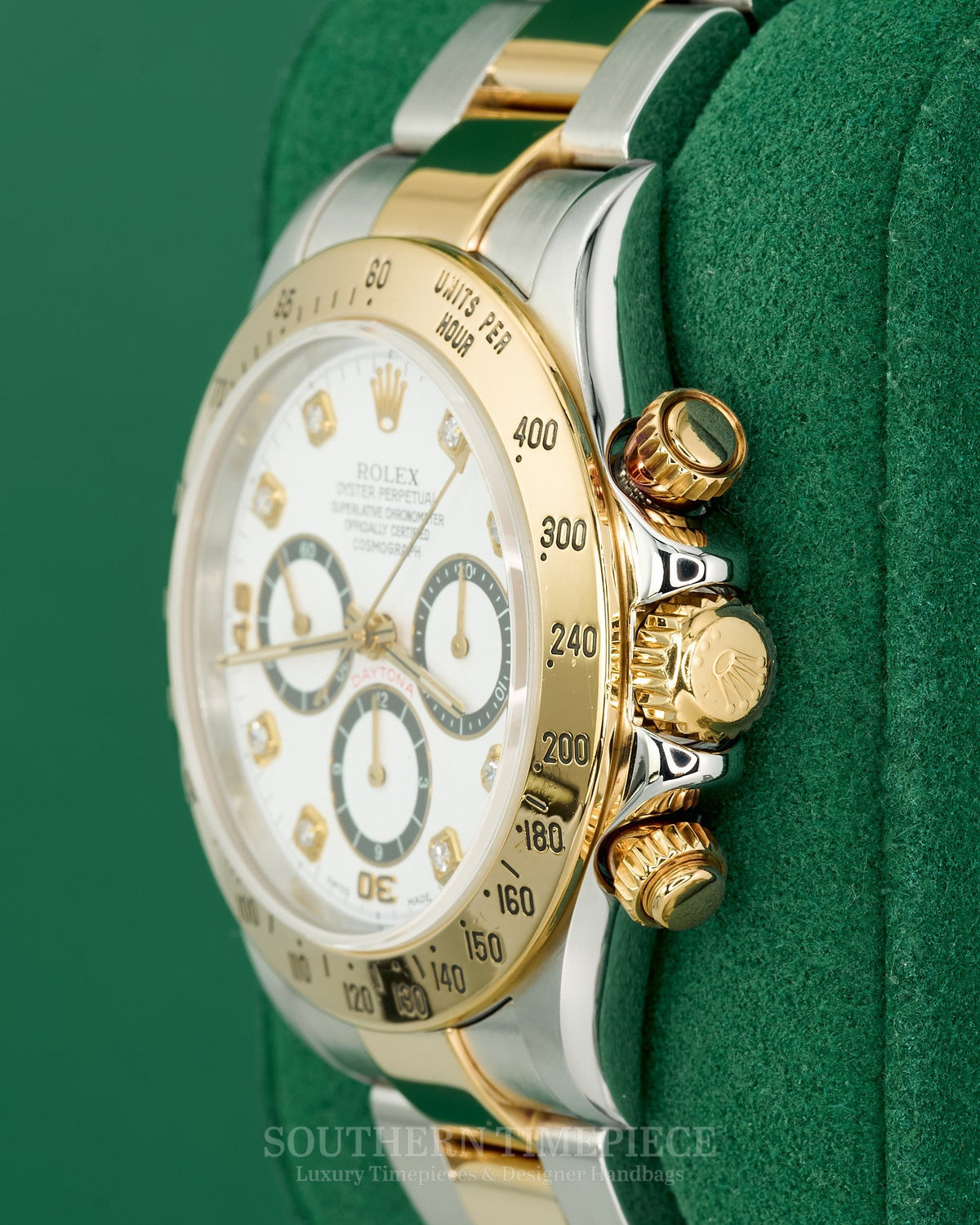 40mm Rolex Daytona with Rare Factory White Diamond Dial/Black Sub-Dials in 18kt Yellow Gold and Stainless (Ref: 16523)(Year: 1999)(Box & Appraisal)