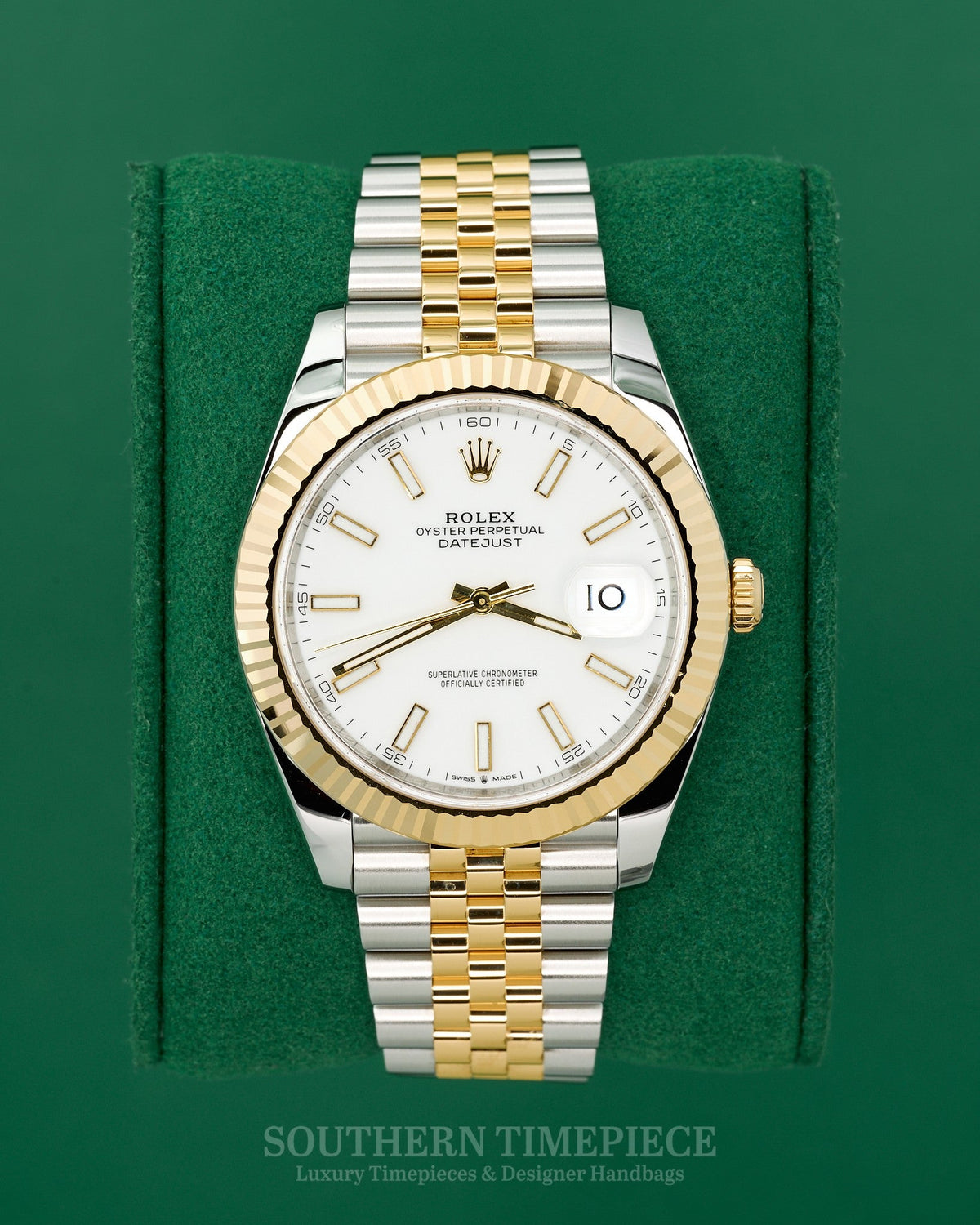 41mm Rolex Datejust with White Stick Dial in 18kt Yellow Gold and Stainless on Jubilee (Ref: 126333)(Year: 2016+)(Box & Appraisal)