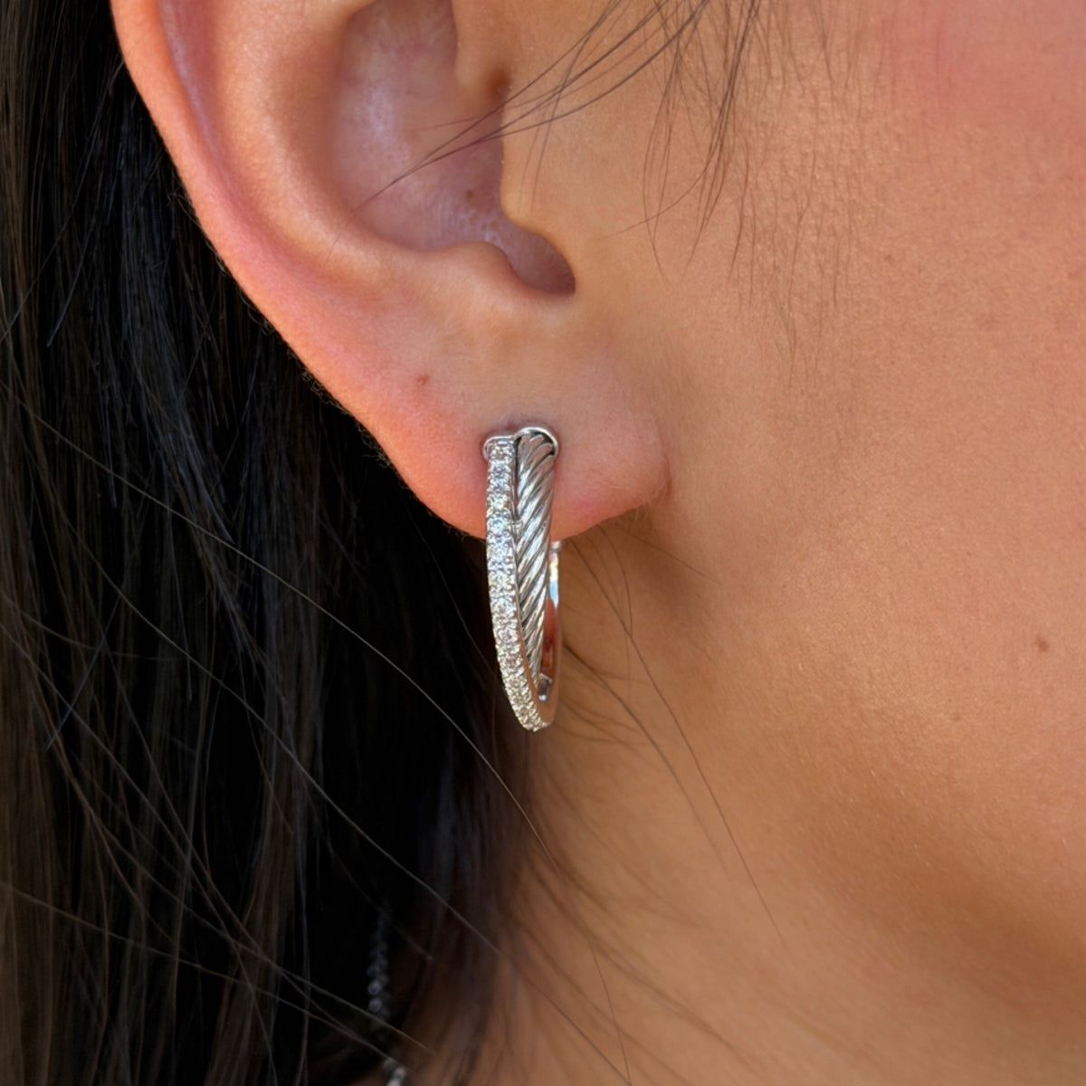 David Yurman Diamond Crossover Hoop Earrings - .40CTTW Natural Diamonds & Sterling Silver