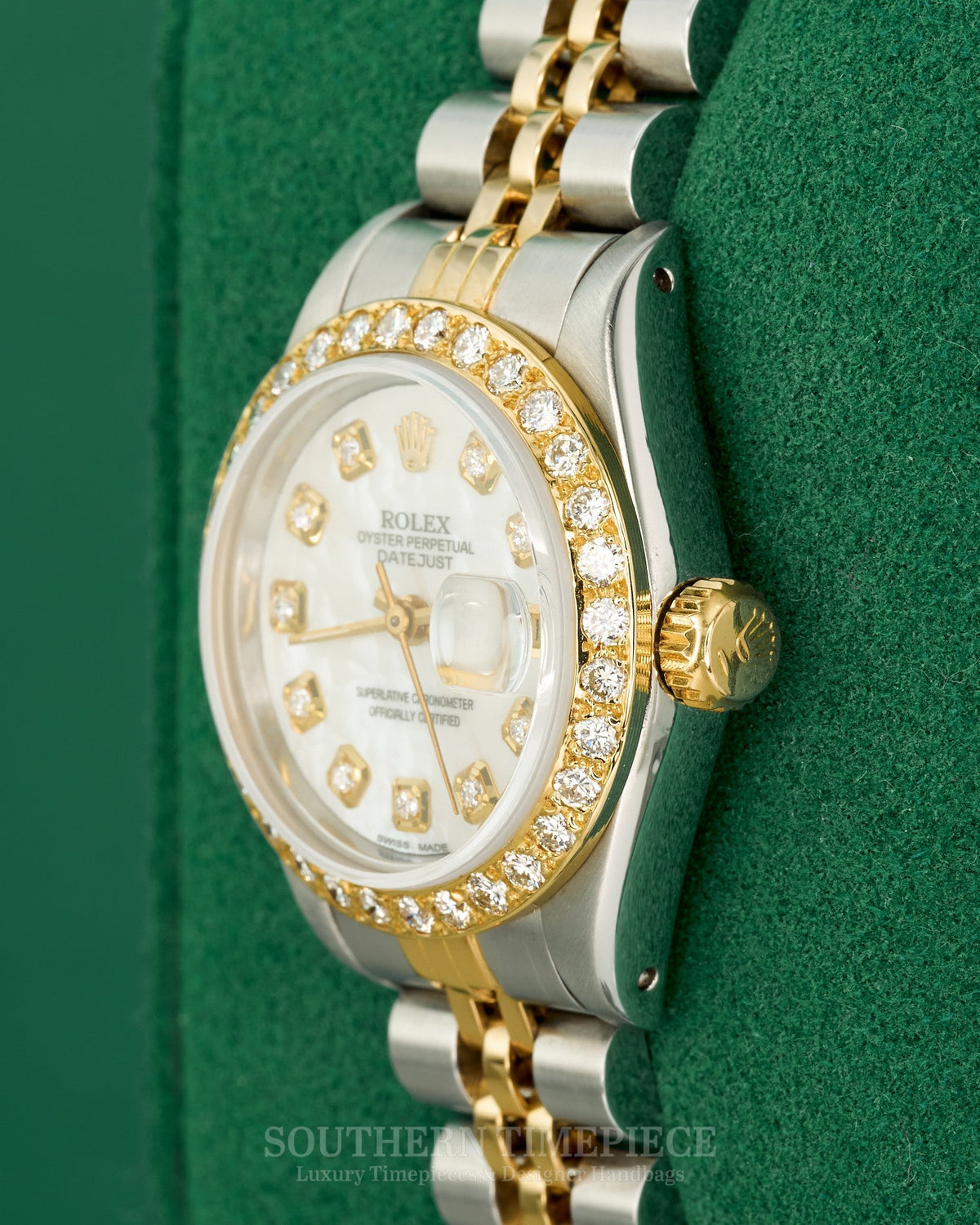 26mm Rolex Datejust in 18kt Yellow Gold & Stainless with Custom Mother of Pearl Diamond Dial and Diamond Bezel (Ref: 69173)(Year: 1989)