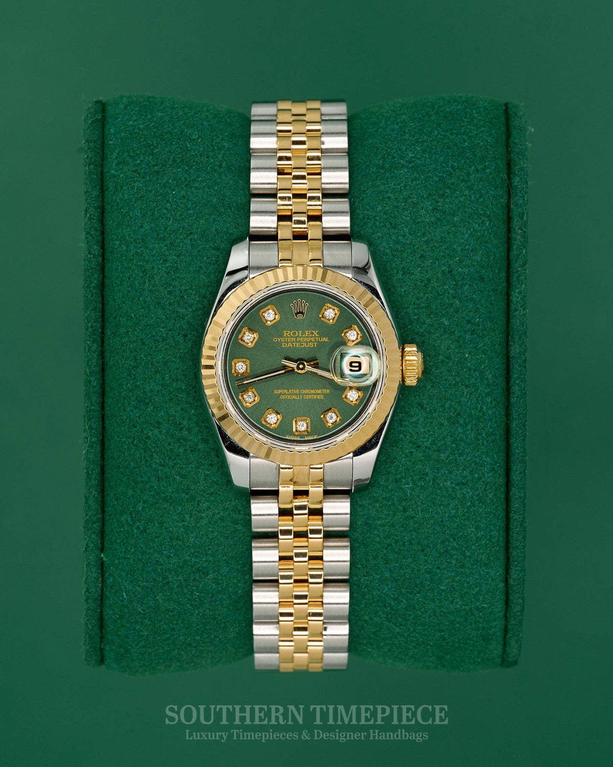 26mm Rolex Datejust with a Custom Green Diamond Dial in 18kt Yellow Gold and Stainless on Jubilee (Ref: 179173)(Year: 2009)
