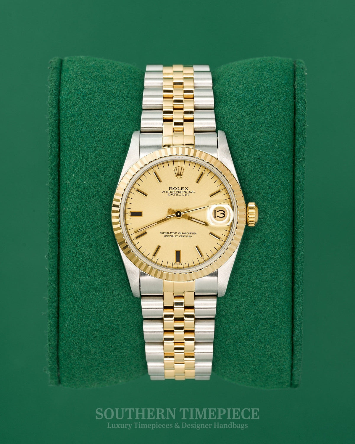 31mm Rolex Datejust with a Custom Mother of Pearl Diamond Dial in 18kt Yellow Gold and Stainless on Jubilee (Ref: 68273)(Year: 1984)(SKU: 9771962)
