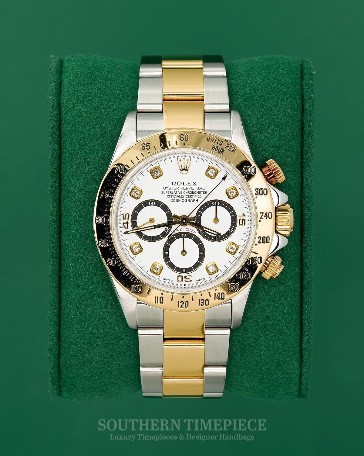 40mm Rolex Daytona with Rare Factory White Diamond Dial/Black Sub-Dials in 18kt Yellow Gold and Stainless (Ref: 16523)(Year: 1999)(Box & Appraisal)