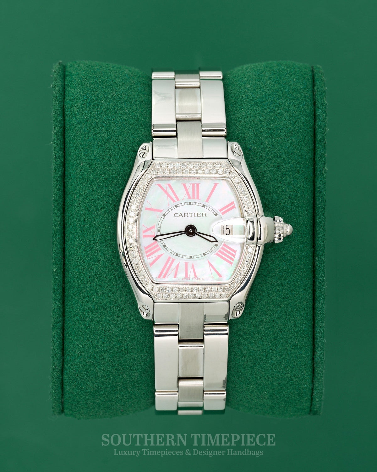32mm Cartier Roadster with Rare Mother of Pearl Dial with Pink Romans in Stainless Steel with Custom Diamonds (Ref: W62016V3)(Year: 2000's-2010's)
