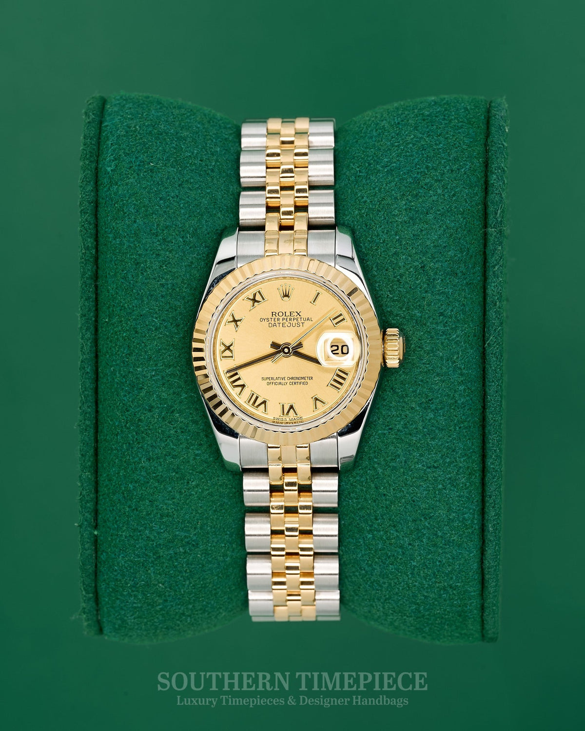 26mm Rolex Datejust with Champagne Roman Dial in 18kt Yellow Gold and Stainless on Jubilee (Ref: 179173)(Year: 2010)