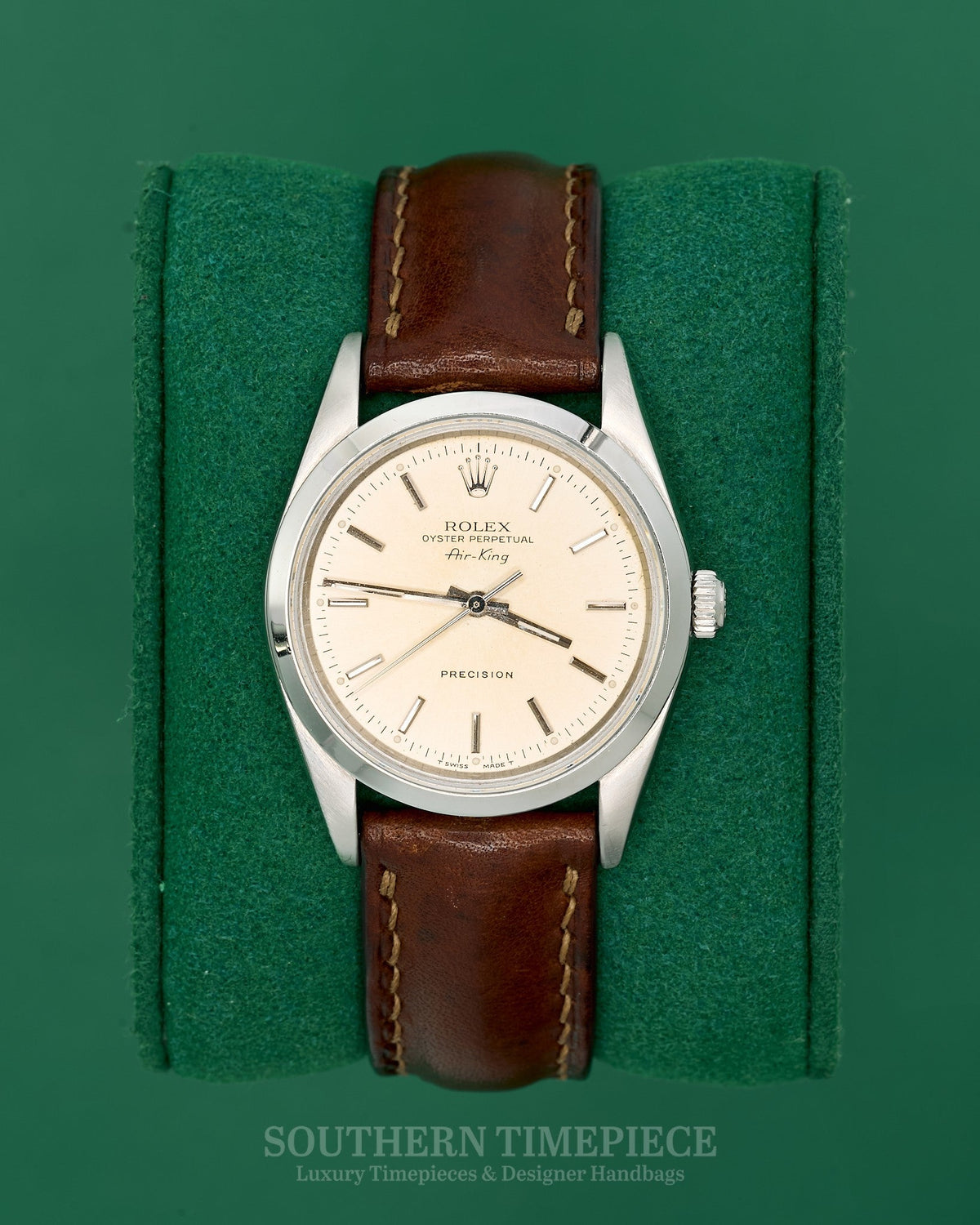 34mm Rolex Air-King with Silver Stick Dial in Stainless Steel on Brown Leather (Ref: 14000)(Year: 1991)