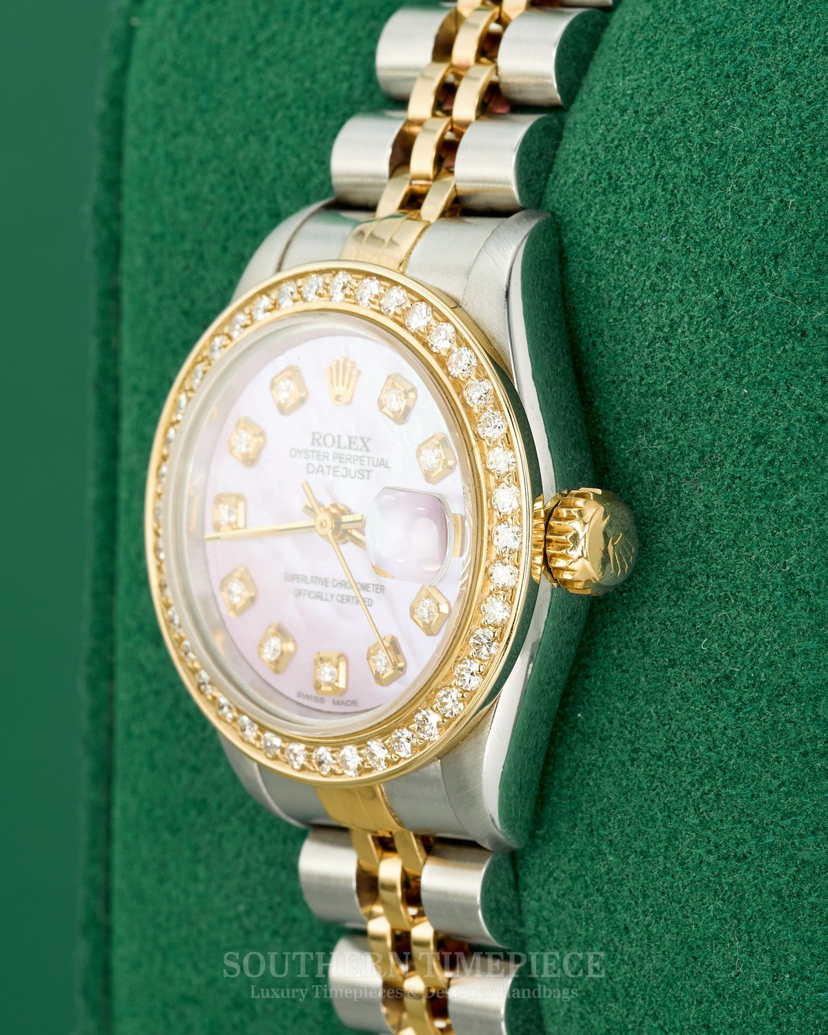 26mm Rolex Datejust with Custom Pink Mother of Pearl Diamond Dial and Diamond Bezel in 18kt Yellow Gold and Stainless (Ref: 69173)(Year: 1987)
