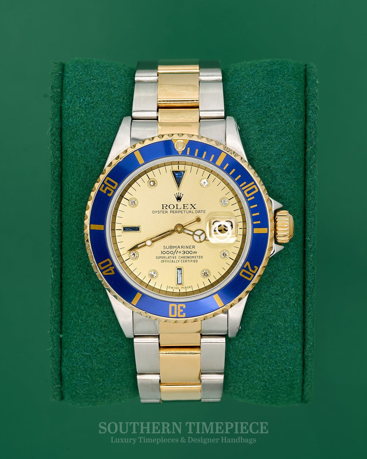 40mm Rolex Submariner Date "Bluesy" with Custom Champagne Serti Dial in 18kt Yellow Gold and Stainless (Ref: 16613)(Year: 1999)