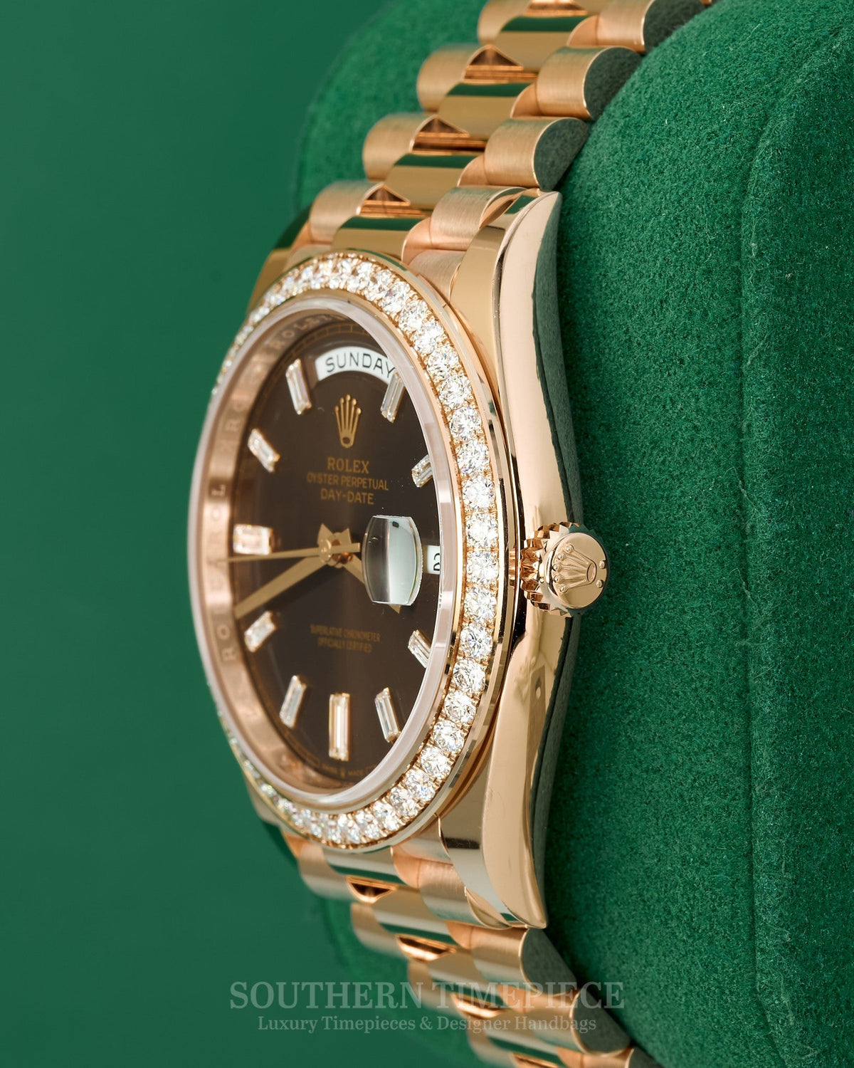 40mm Rolex Day-Date "President" with Factory Baguette Chocolate Dial and Diamond Bezel in 18kt Rose Gold (Ref: 228345RBR)(Year: 2023)(Box & Papers)