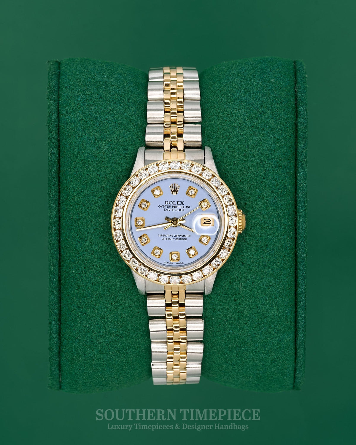 26mm Rolex Datejust with Custom Lilac Diamond Dial and 1.3 cttw Diamond Bezel in 18kt Yellow Gold and Stainless (Ref: 69173)(Year: 1988)