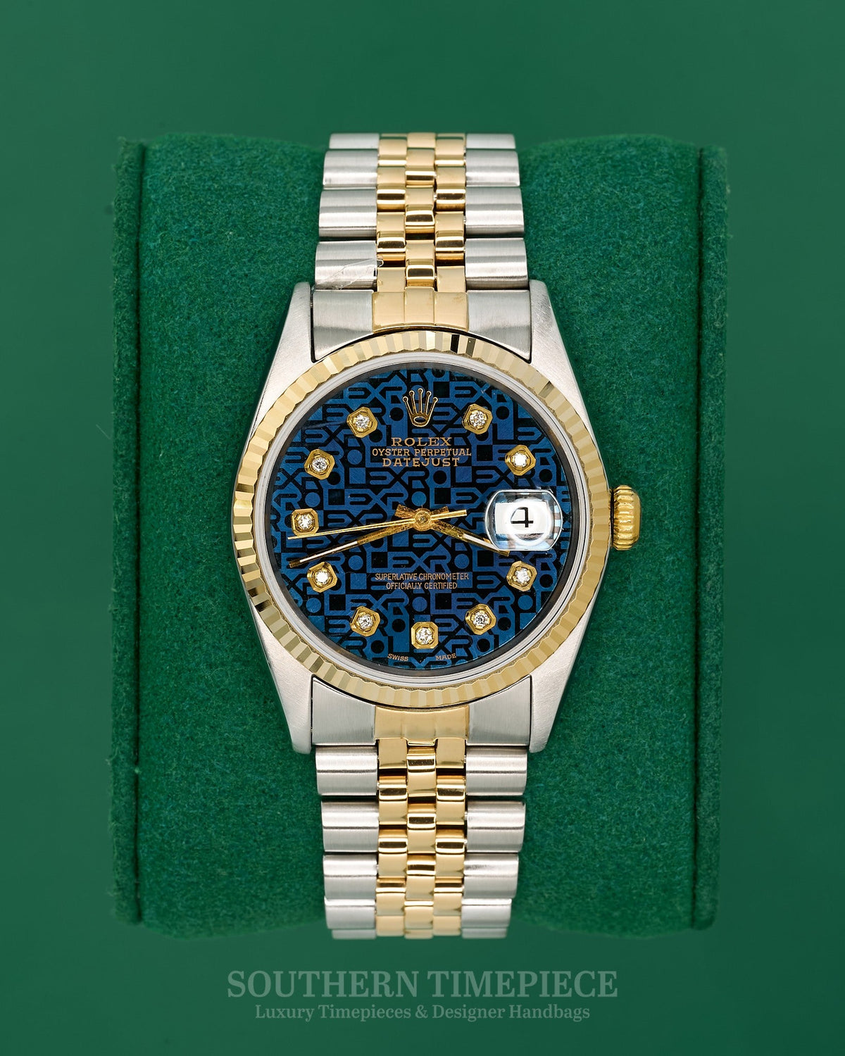 36mm Rolex Datejust with Custom Blue Anniversary Diamond Dial in 18kt Yellow Gold and Stainless Steel on Jubilee (Ref: 16233)(Year: 1991)