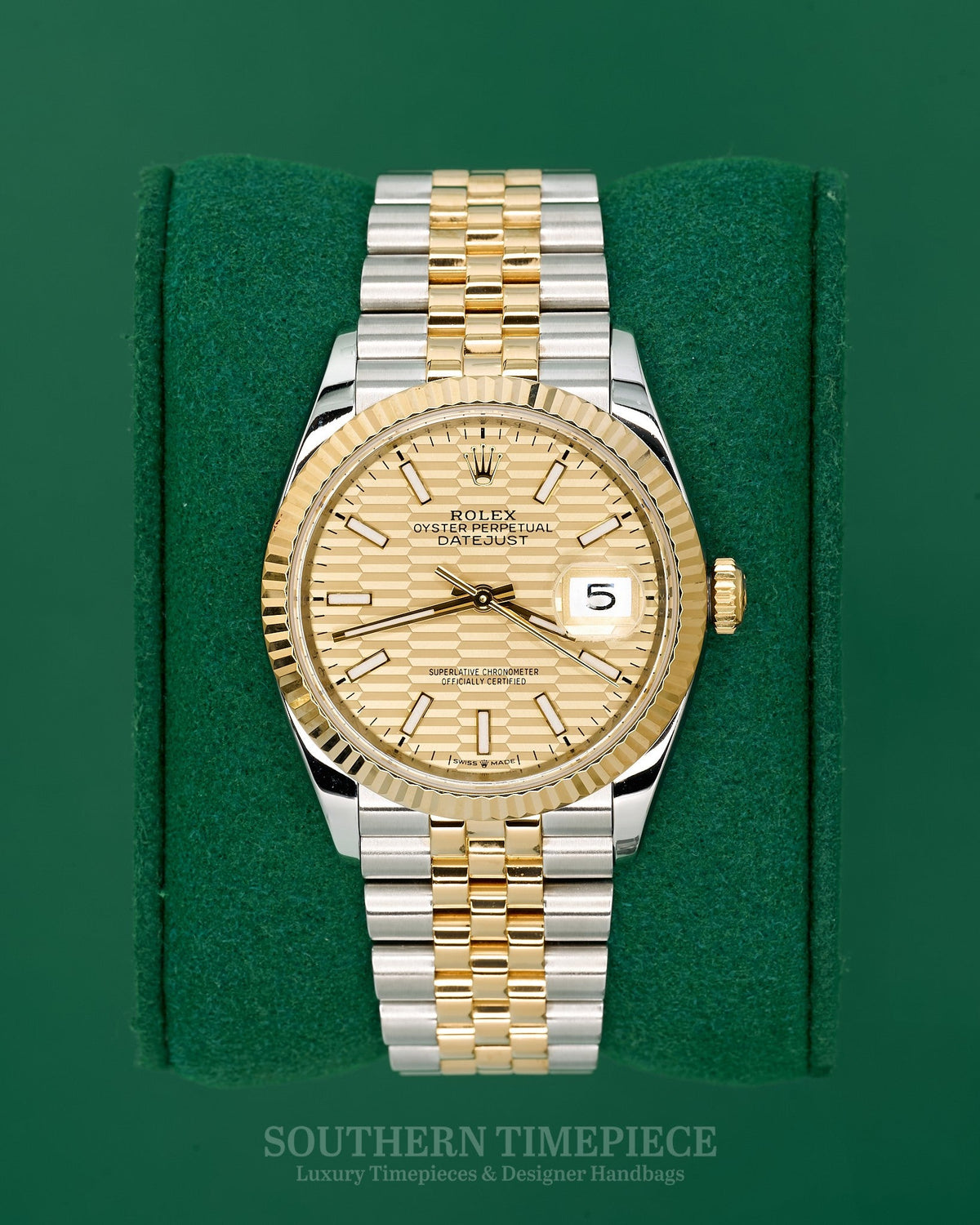 36mm Rolex Datejust with Champagne Motif Fluted Dial in 18kt Yellow Gold and Steel on Jubilee (Ref: 126233)(Year: 2021)(Box & Papers)