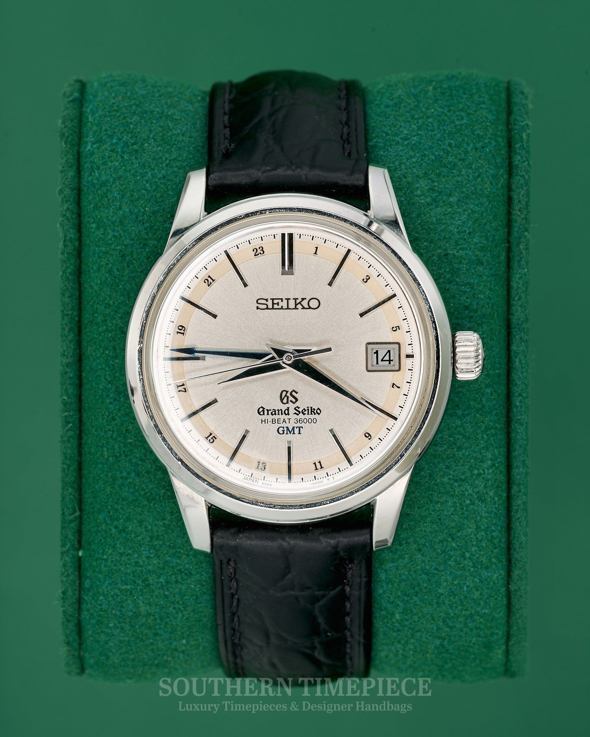 39.5mm Grand Seiko Hi-Beat 36000 GMT with Silver Dial on Black Leather (Ref: SBGJ017)(Year: 2017)(Box & Papers)