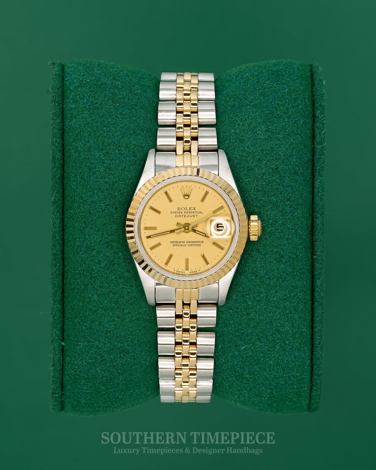 26mm Rolex Datejust with Champagne Stick Dial in 18kt Yellow Gold and Stainless on Jubilee (Ref: 69173)(Year: 1987)