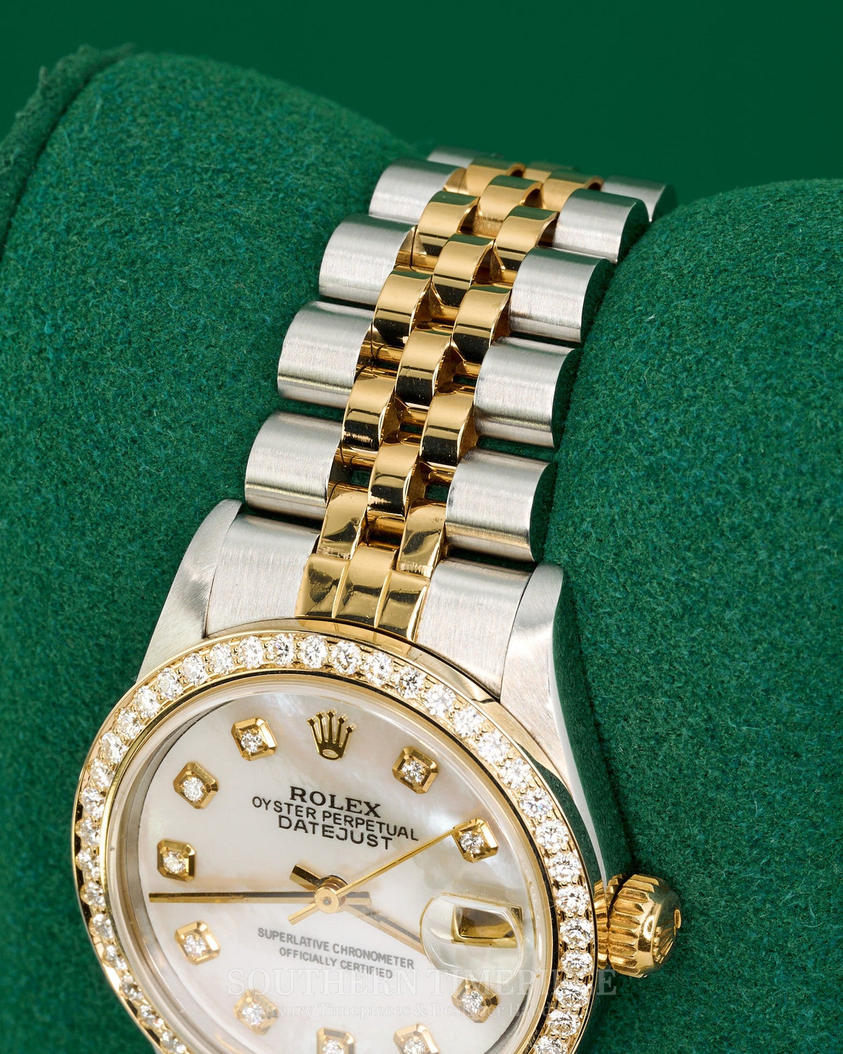 31mm Rolex Datejust with Custom Mother of Pearl Diamond Dial and Diamond Bezel in 18kt Yellow Gold and Stainless on Jubilee (Ref: 68273)(Year: 1989) (M332235)