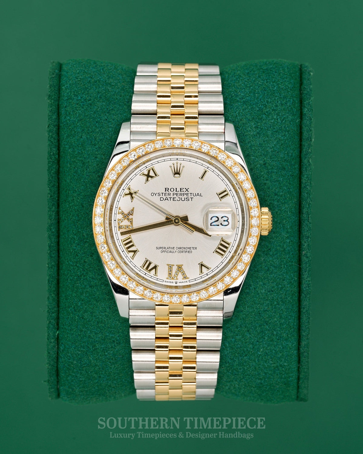 36mm Rolex Datejust with Factory Silver Diamond Dial and Diamond Bezel in 18kt Yellow Gold and Stainless on Jubilee (Ref: 126283RBR)