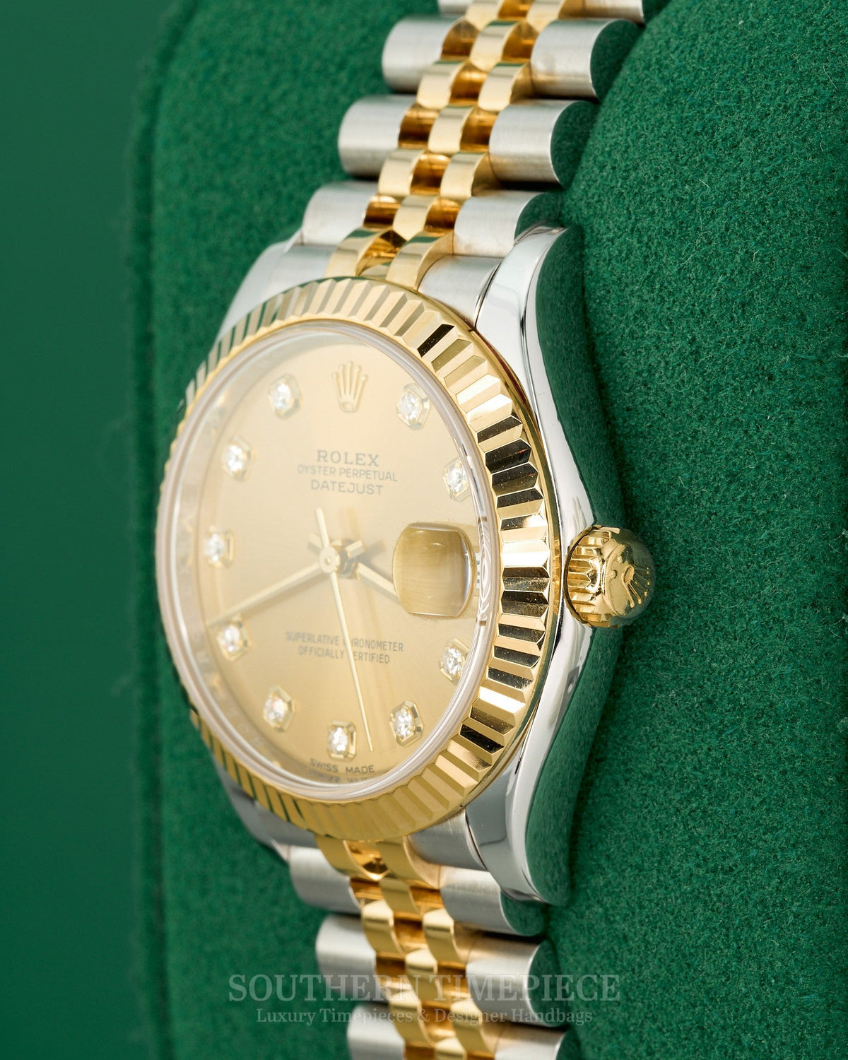 31mm Rolex Datejust with Factory Champagne Diamond Dial in 18kt Yellow Gold and Stainless on Jubilee (Ref: 278273)(Year: 2019+)(Box & Appraisal)