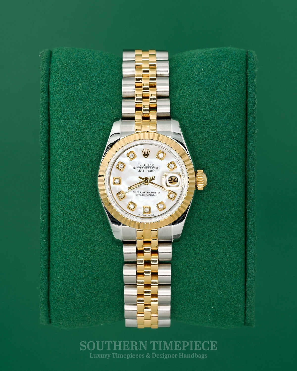 26mm Rolex Datejust with a Custom Mother of Pearl Diamond Dial in 18kt Yellow Gold and Stainless on Jubilee (Ref: 179173)(Year: 2011+)