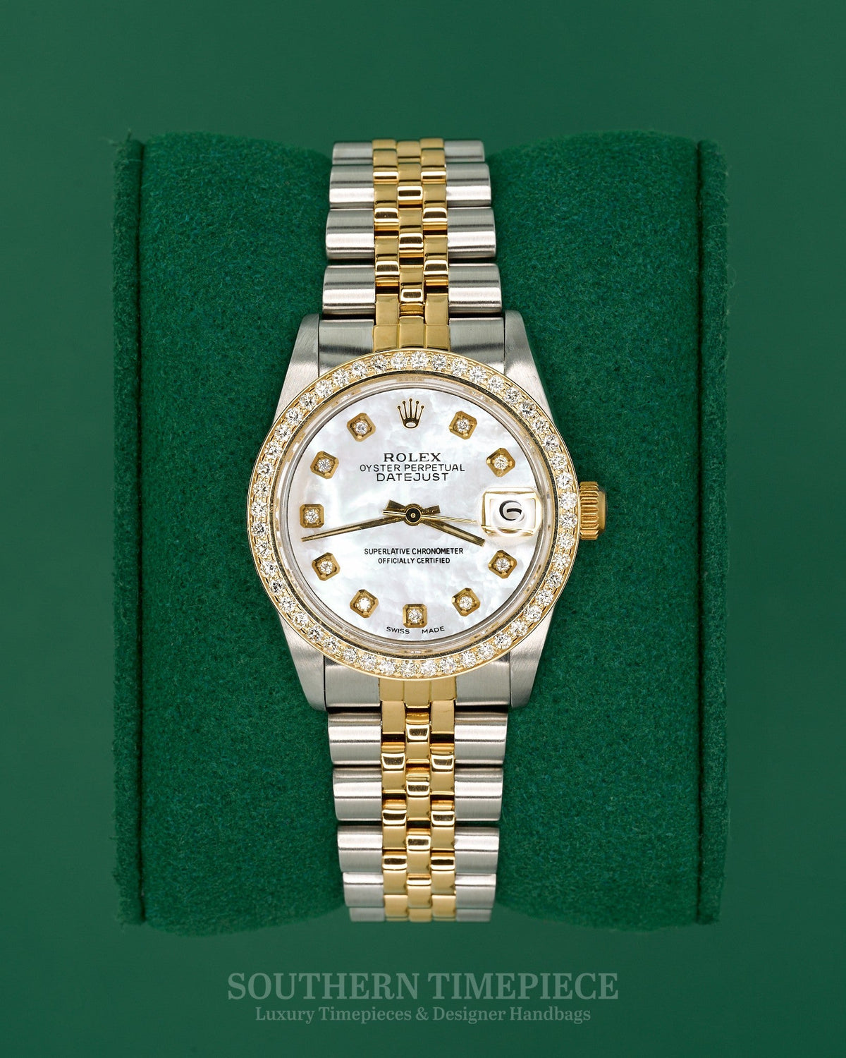31mm Rolex Datejust with Custom Mother of Pearl Diamond Dial and Diamond Bezel in 18kt Yellow Gold and Stainless on Jubilee (Ref: 68273)(Year: 1989)