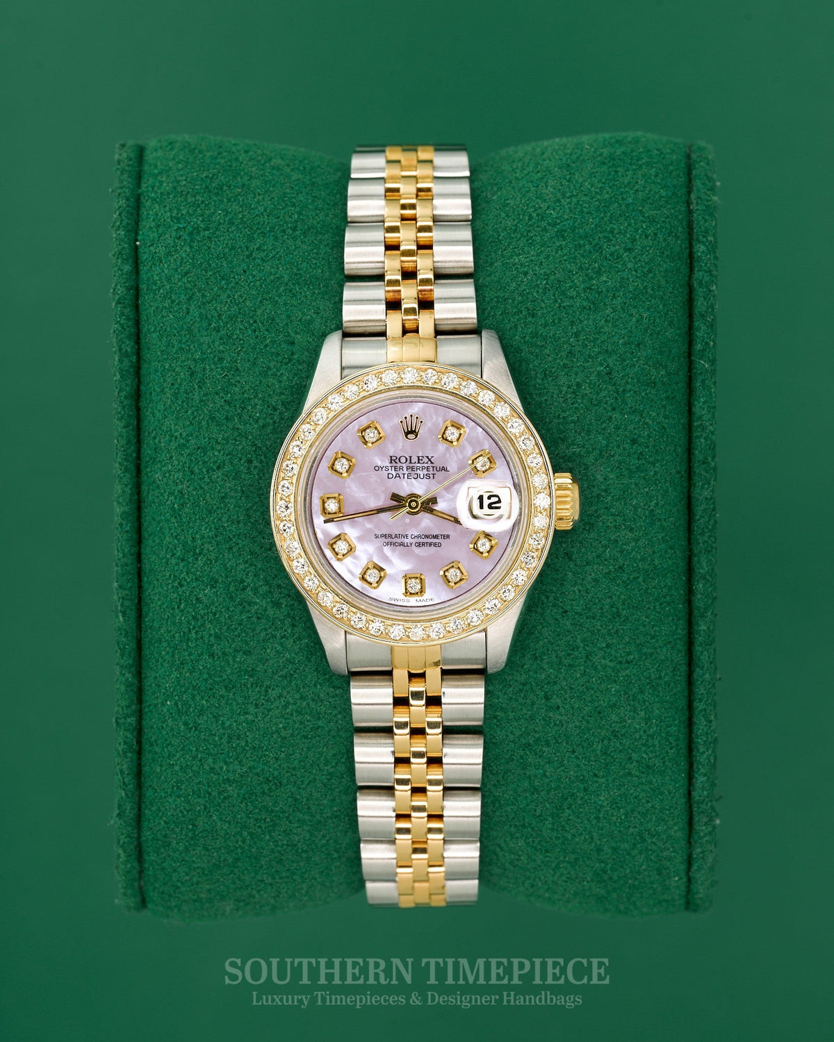 26mm Rolex Datejust with Custom Pink Mother of Pearl Diamond Dial and Diamond Bezel in 18kt Yellow Gold and Stainless (Ref: 69173)(Year: 1987)