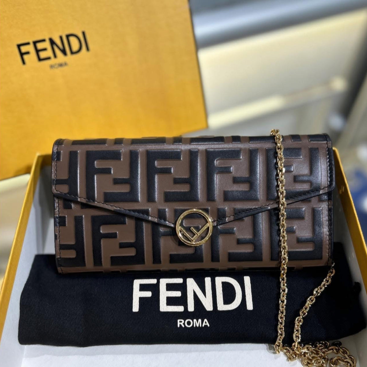 Fendi F is Fendi Continental Wallet on Chain - Black & Brown Leather (P199732)