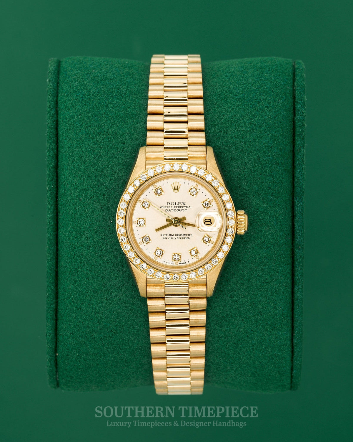 26mm Rolex Datejust "President" with Factory Red Vignette Diamond Dial and Diamond Bezel in Solid 18kt Yellow Gold (Ref: 69258)(Year: 1988)