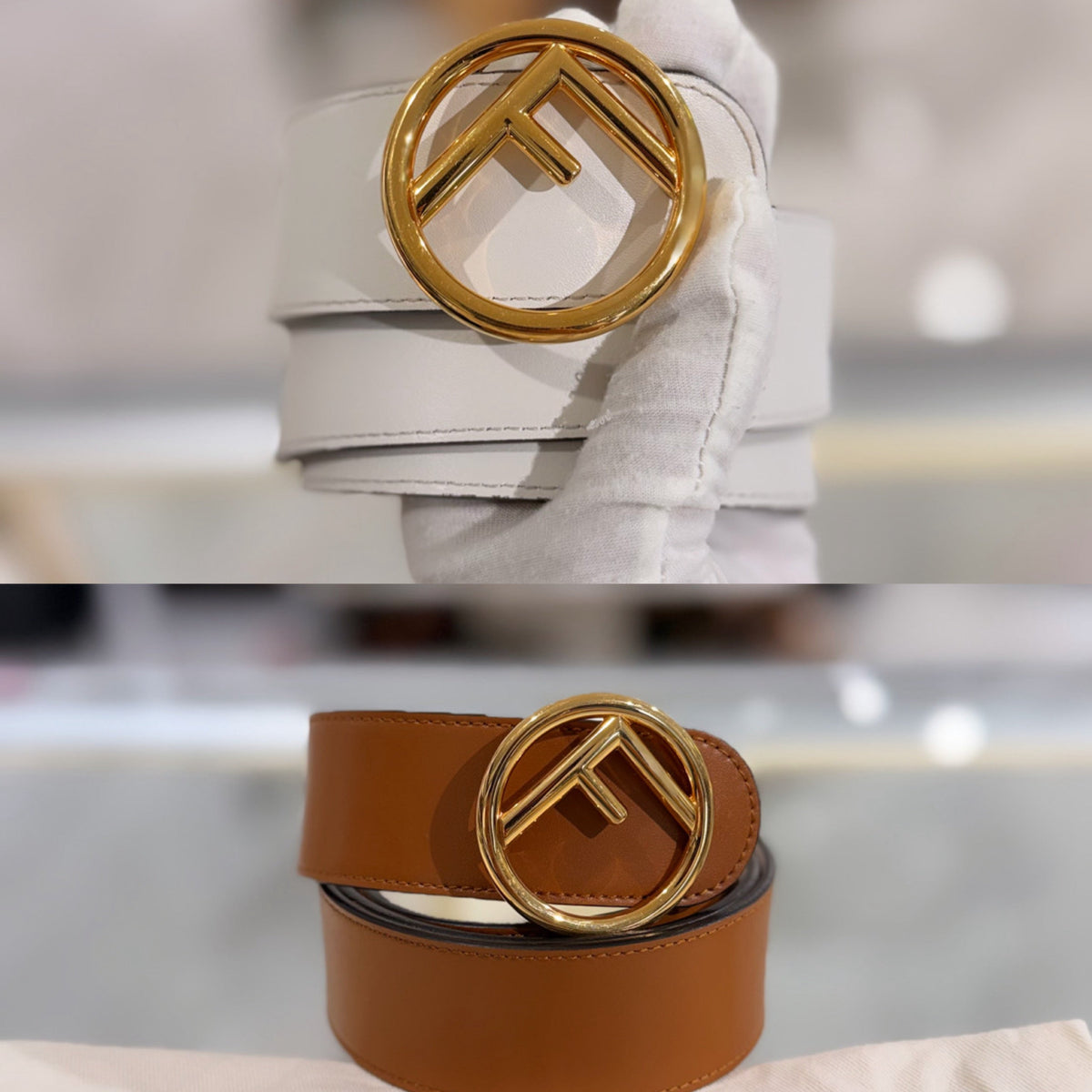 Fendi F is Fendi Reversible Belt - White & Tan Leather (Size Large)