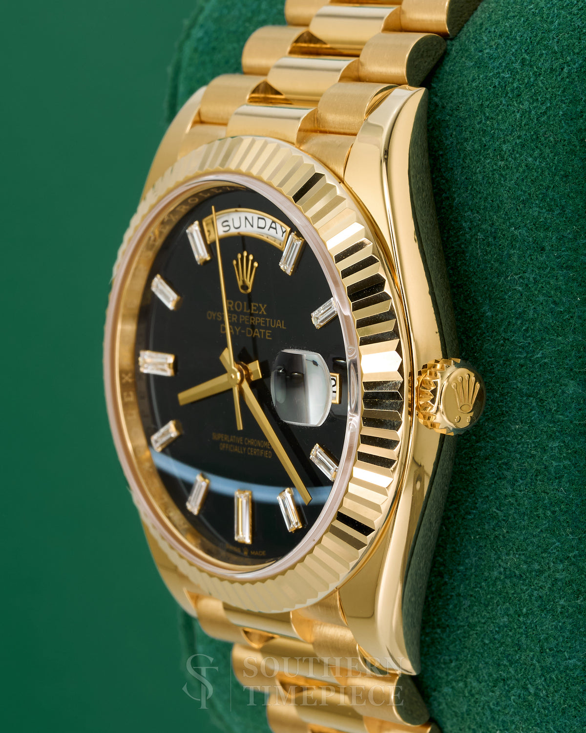 40mm Rolex Day-Date "President" with Rare Black Onyx Baguette Diamond Dial in Solid 18kt Yellow Gold (Ref: 228238)(Year: 2023)(Box & Papers)