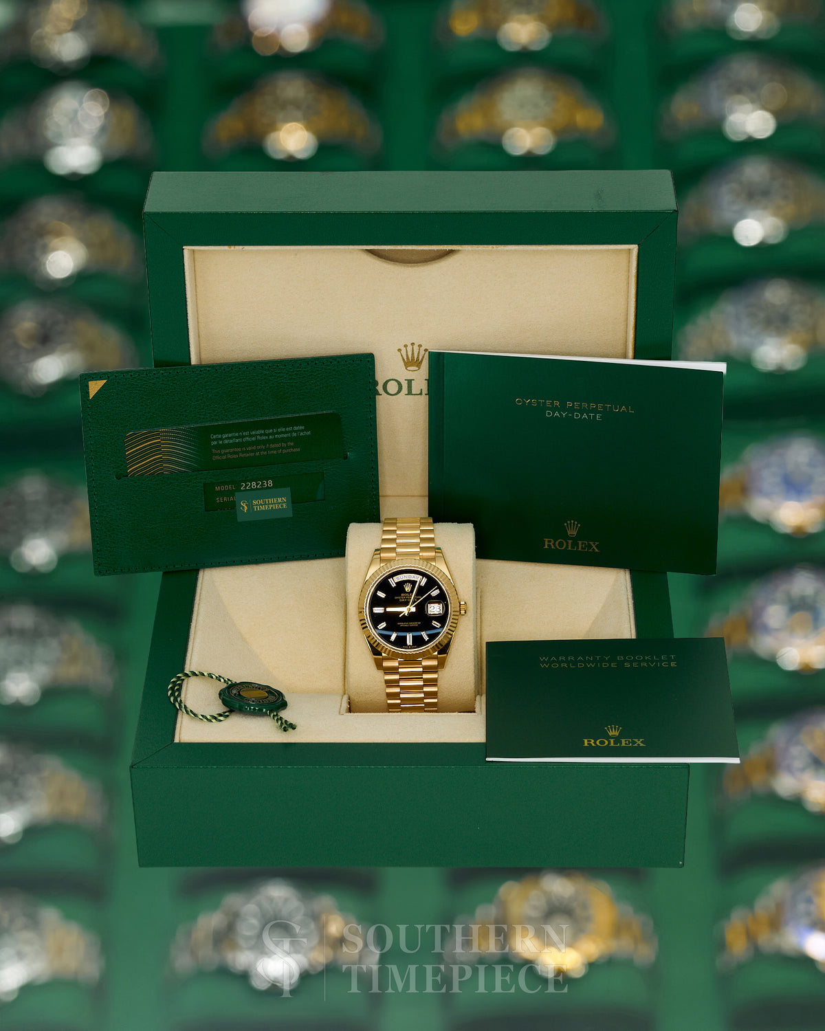 40mm Rolex Day-Date "President" with Rare Black Onyx Baguette Diamond Dial in Solid 18kt Yellow Gold (Ref: 228238)(Year: 2023)(Box & Papers)