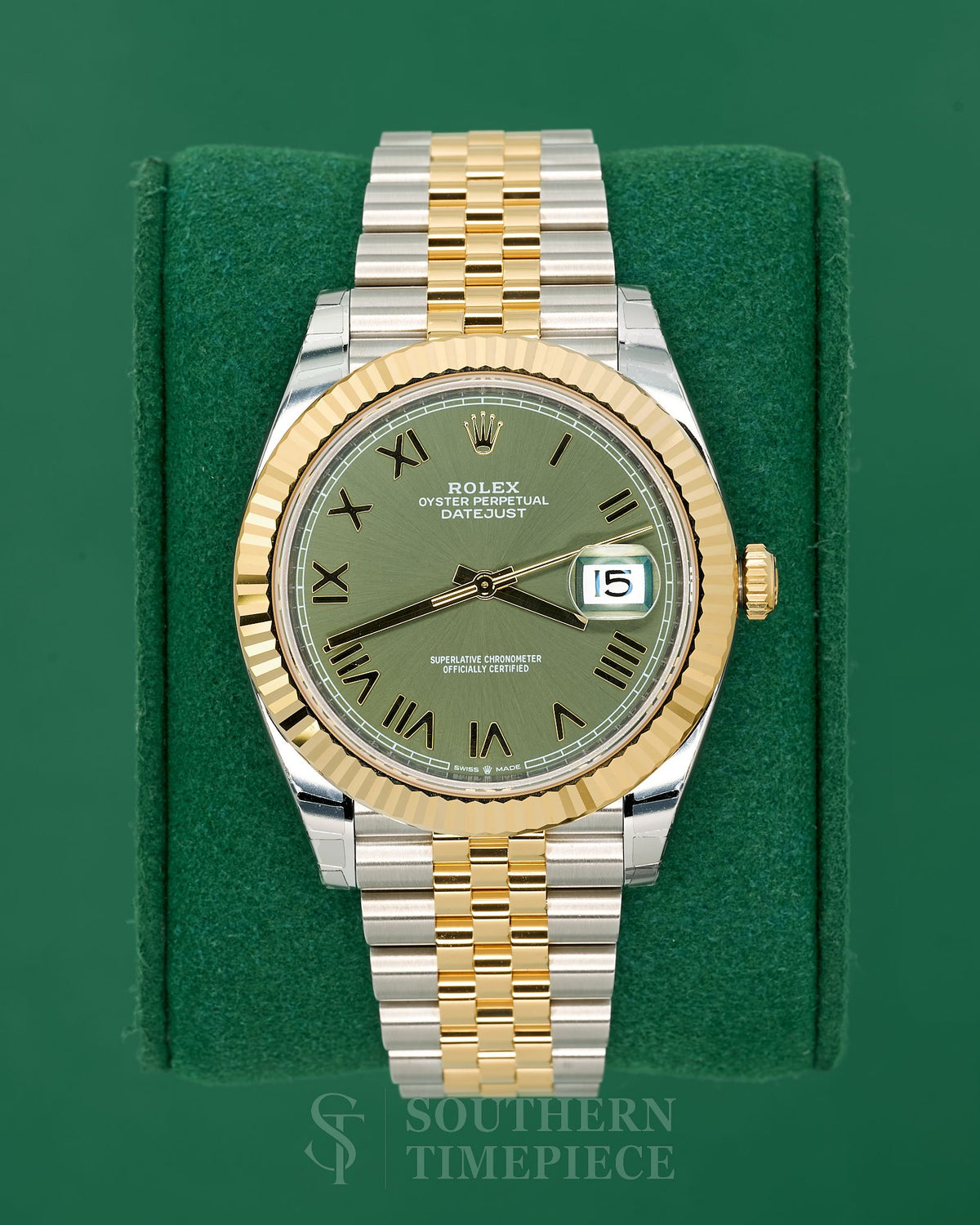 Brand New 2026 41mm Rolex Datejust with Olive Green Roman Dial in 18kt Yellow Gold and Stainless on Jubilee (Ref: 126333)(Year: 2026)(Box & Papers)