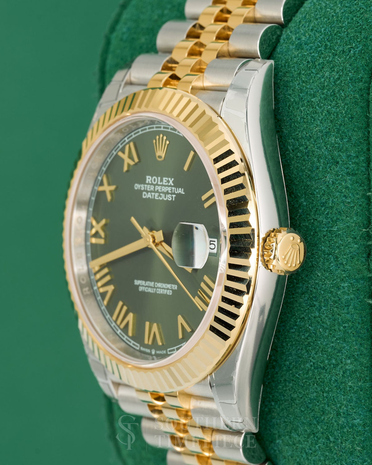 Brand New 2026 41mm Rolex Datejust with Olive Green Roman Dial in 18kt Yellow Gold and Stainless on Jubilee (Ref: 126333)(Year: 2026)(Box & Papers)