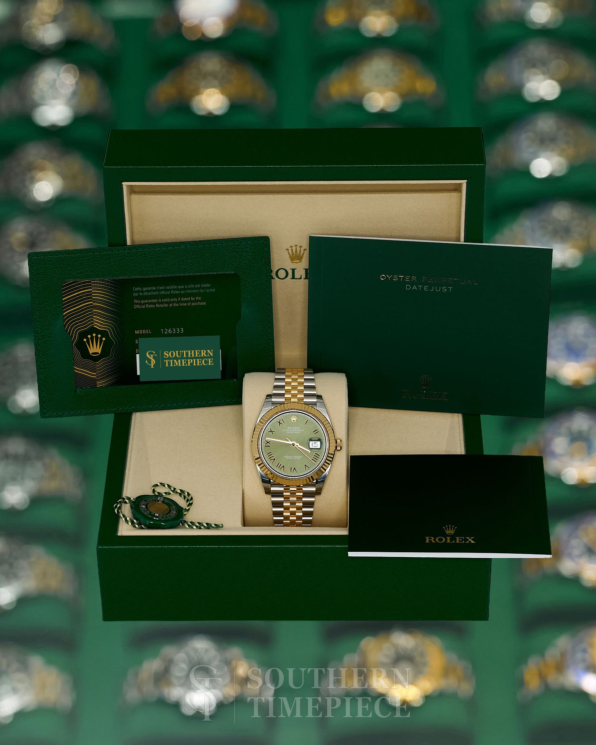 Brand New 2026 41mm Rolex Datejust with Olive Green Roman Dial in 18kt Yellow Gold and Stainless on Jubilee (Ref: 126333)(Year: 2026)(Box & Papers)