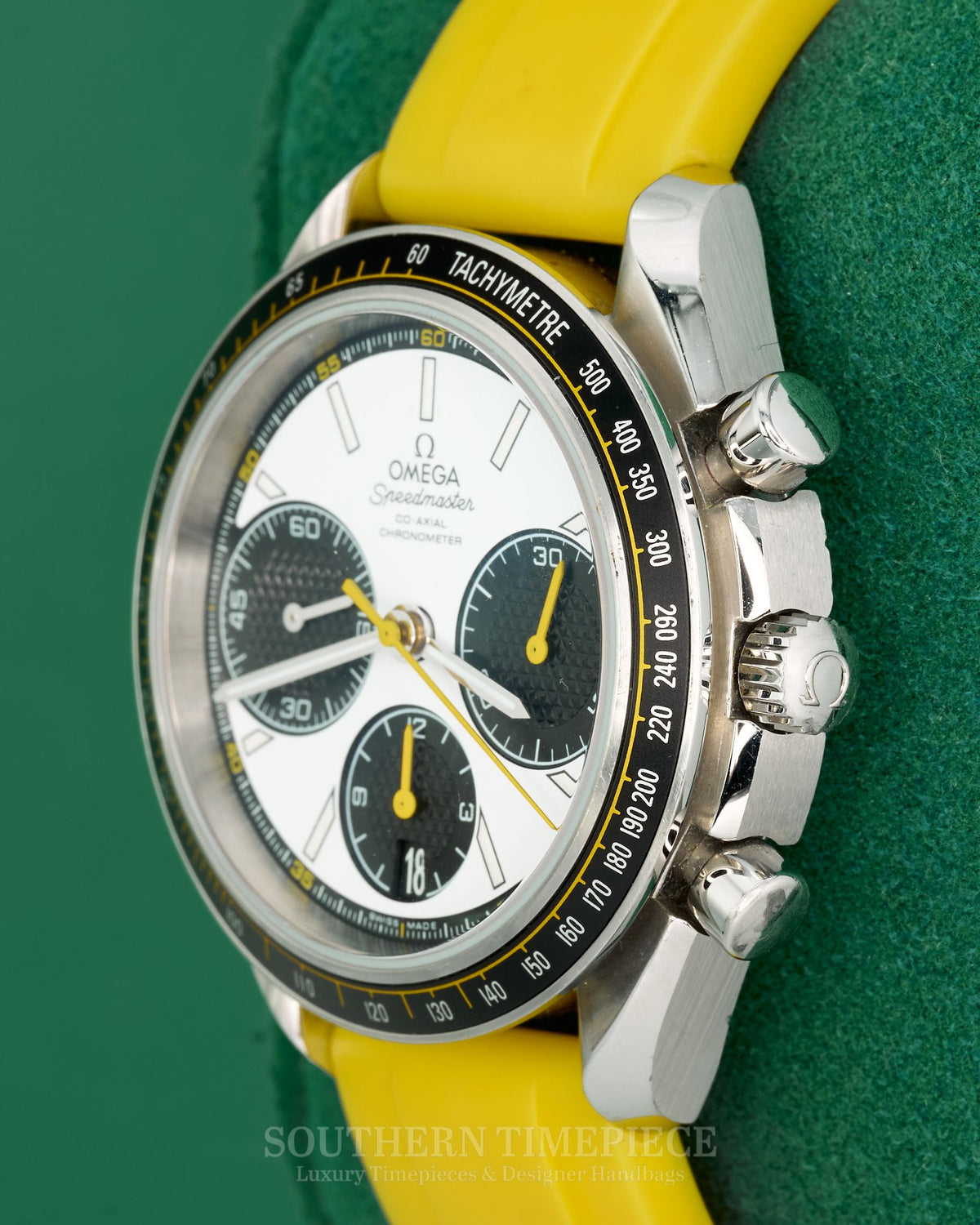 40mm Omega Speedmaster Racing Chronograph with White Dial and Yellow Accents on Yellow Rubber (Ref: 326.32.40.50.04.001)(Year: ~2012-2020)