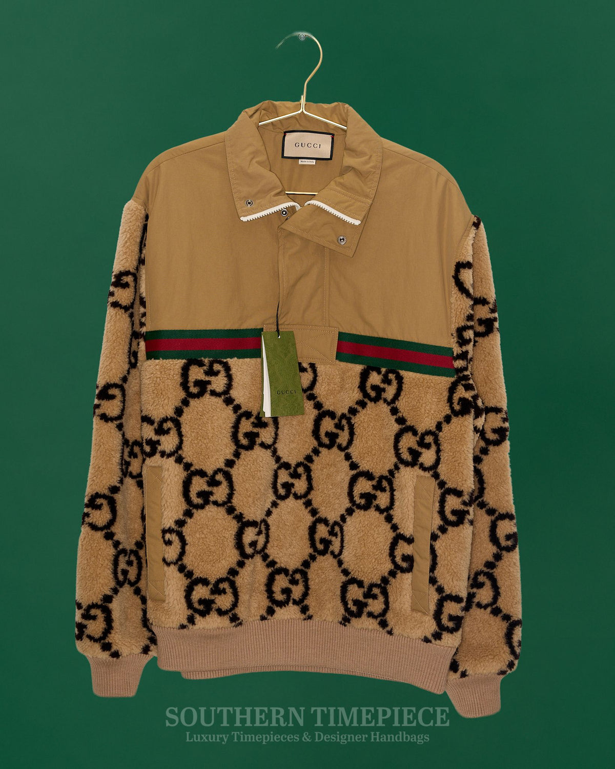 Gucci Men's Logo-Jacquard Wool-Blend Fleece & Shell Half-Zip Track Jacket (Size 46) (New w/ Tags)