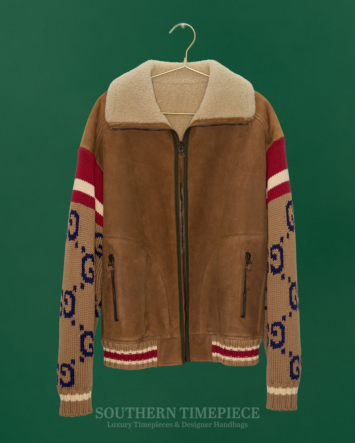 Gucci Men's Brown Knitted Sleeve Shearling Suede Jacket (Size 46) (Brand New w/ Tags)