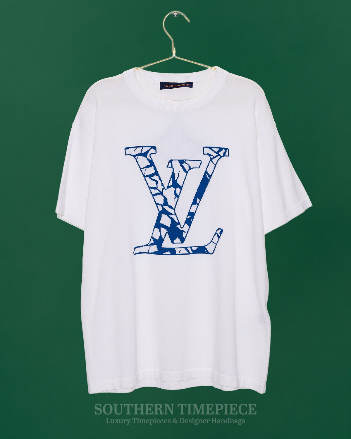 Louis Vuitton White and Blue Ice Logo Intarsia T-Shirt - 100% Cotton (Size Large)