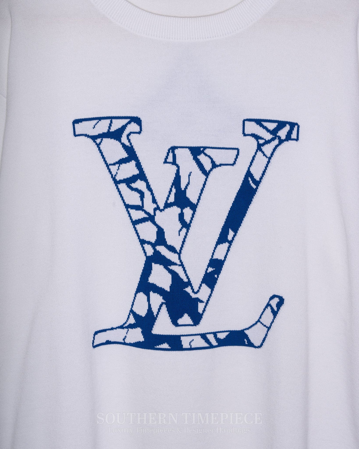 Louis Vuitton White and Blue Ice Logo Intarsia T-Shirt - 100% Cotton (Size Large)
