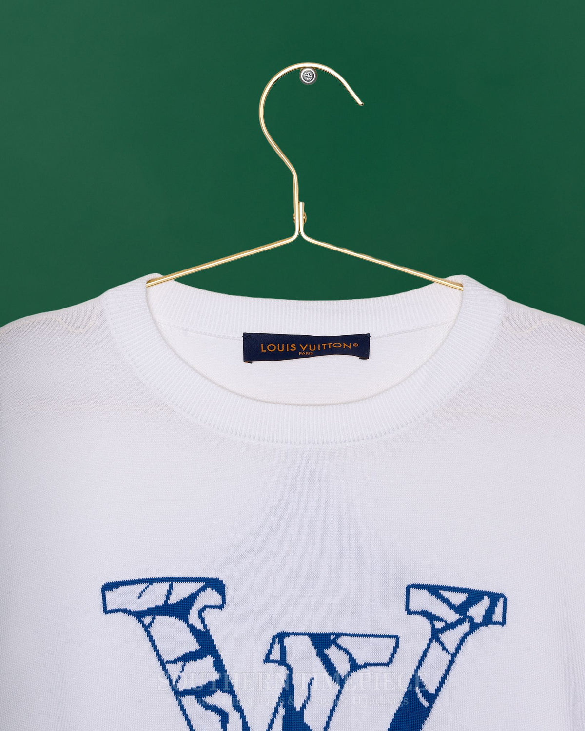 Louis Vuitton White and Blue Ice Logo Intarsia T-Shirt - 100% Cotton (Size Large)