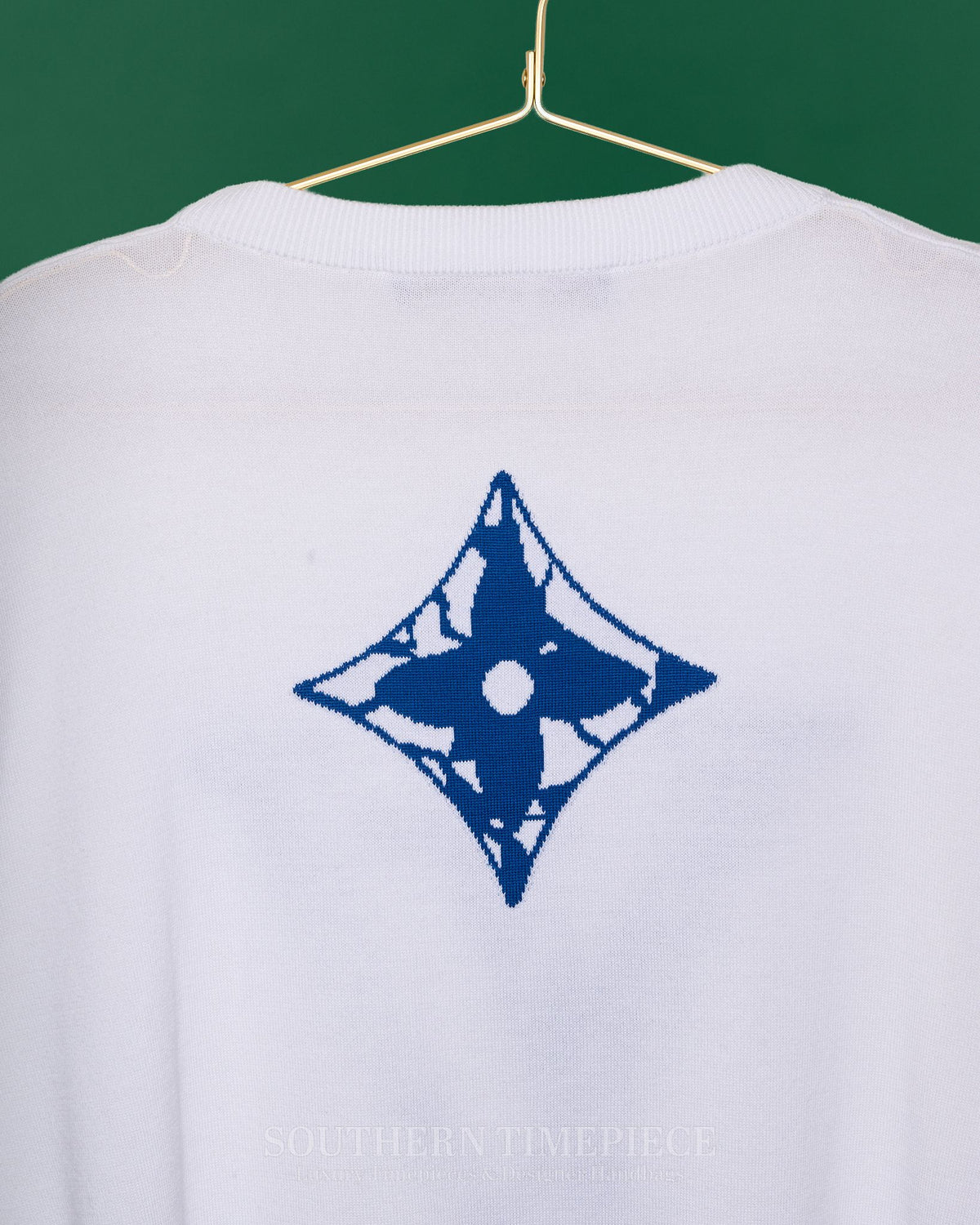 Louis Vuitton White and Blue Ice Logo Intarsia T-Shirt - 100% Cotton (Size Large)