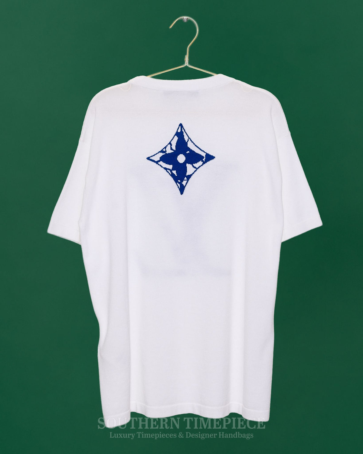Louis Vuitton White and Blue Ice Logo Intarsia T-Shirt - 100% Cotton (Size Large)
