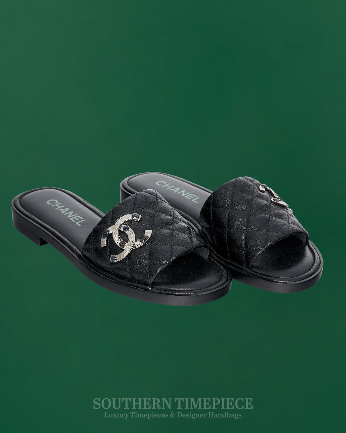 Chanel CC Logo Quilted Slides - Black Shiny Goatskin Leather (Size 36)